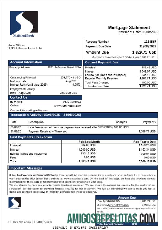 Extrato de hipoteca do USA Sutton Bank em formatos Word e PDF baixar para verificação